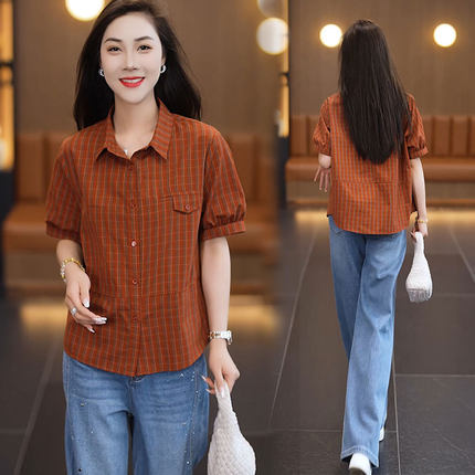 短袖格子衬衫女上衣2025新款夏洋气T恤宽松开衫休闲显瘦百搭复古