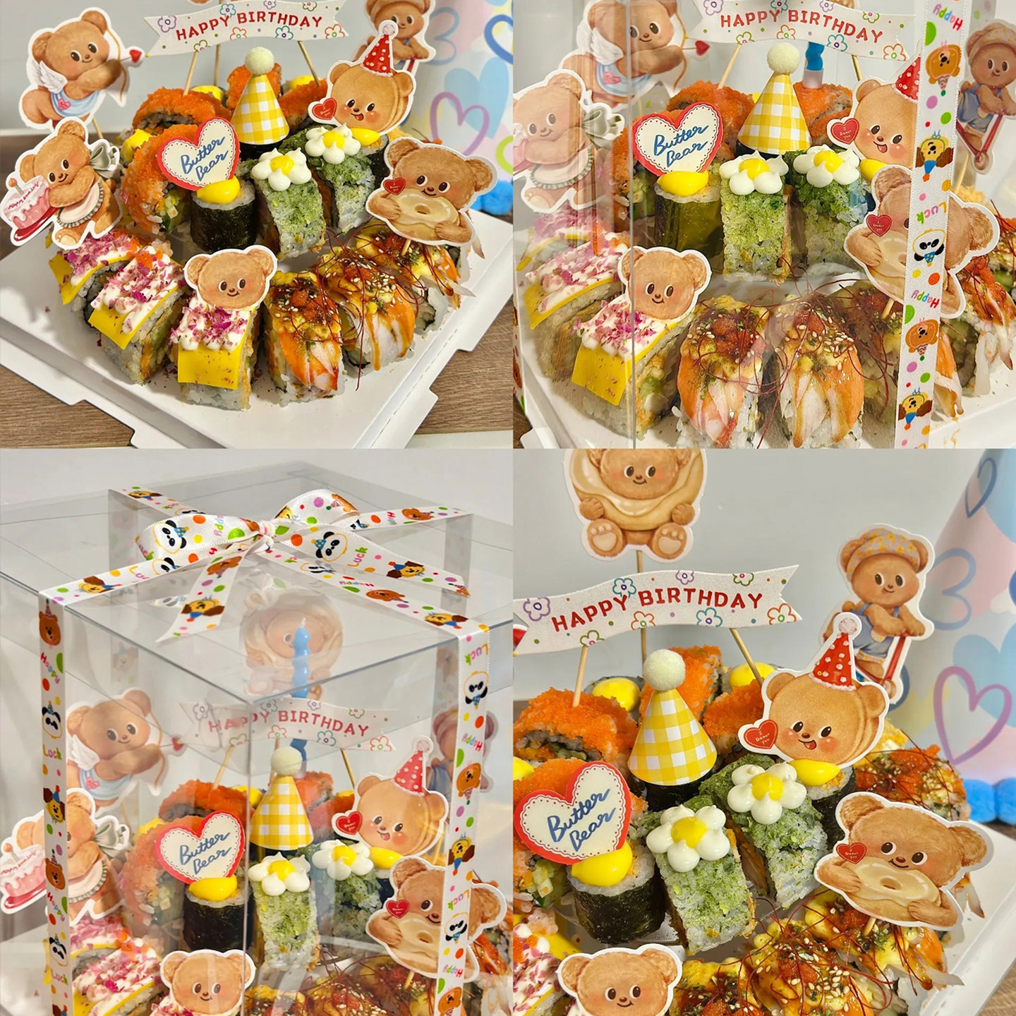 卡通高级感黄油小熊寿司蛋糕装饰毛巾卷迷你帽宝宝生日宴甜品插件