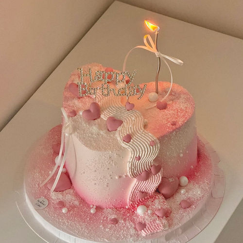 少女心粉色渐变爱心生日蛋糕装饰钻hb插牌银色蜡烛爱心糖珠糖粉