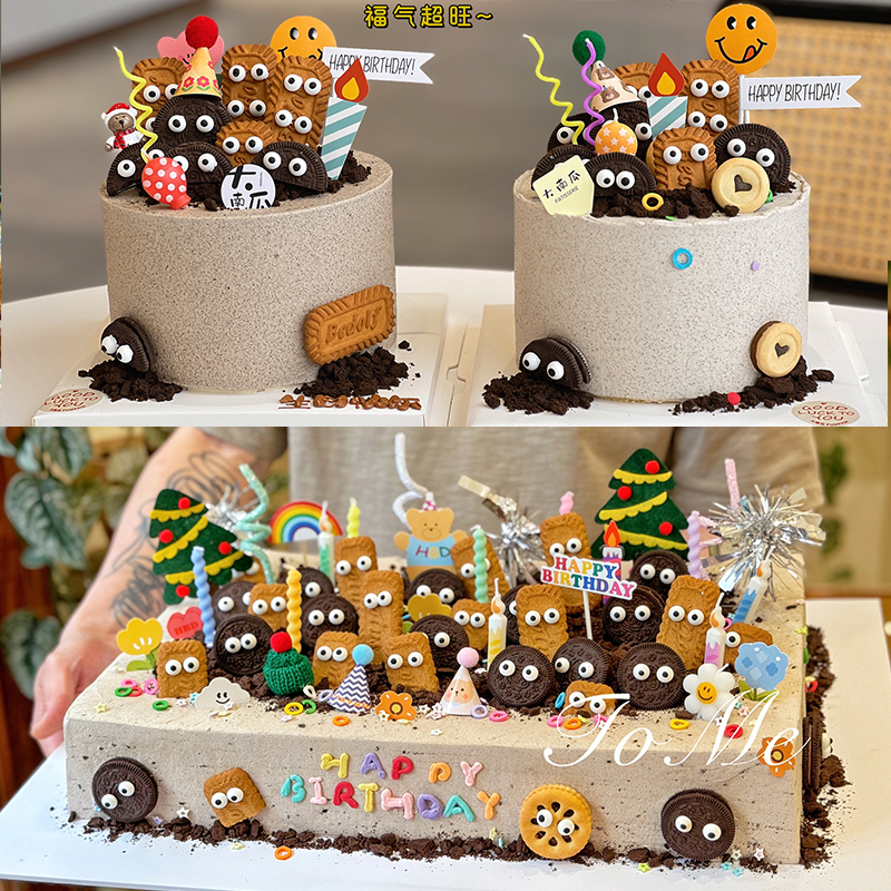 卡通搞怪奥利奥蛋糕装饰可爱小朋友生日眼睛小煤球饼干迷你帽插件