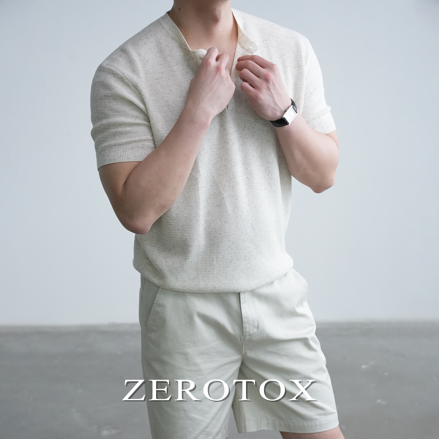 【天丝亚麻】GZX ZEROTOX意式透气老钱亨利领针织短袖男士夏季T恤