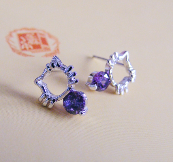 纯银韩版kitty猫咪锆石小耳钉