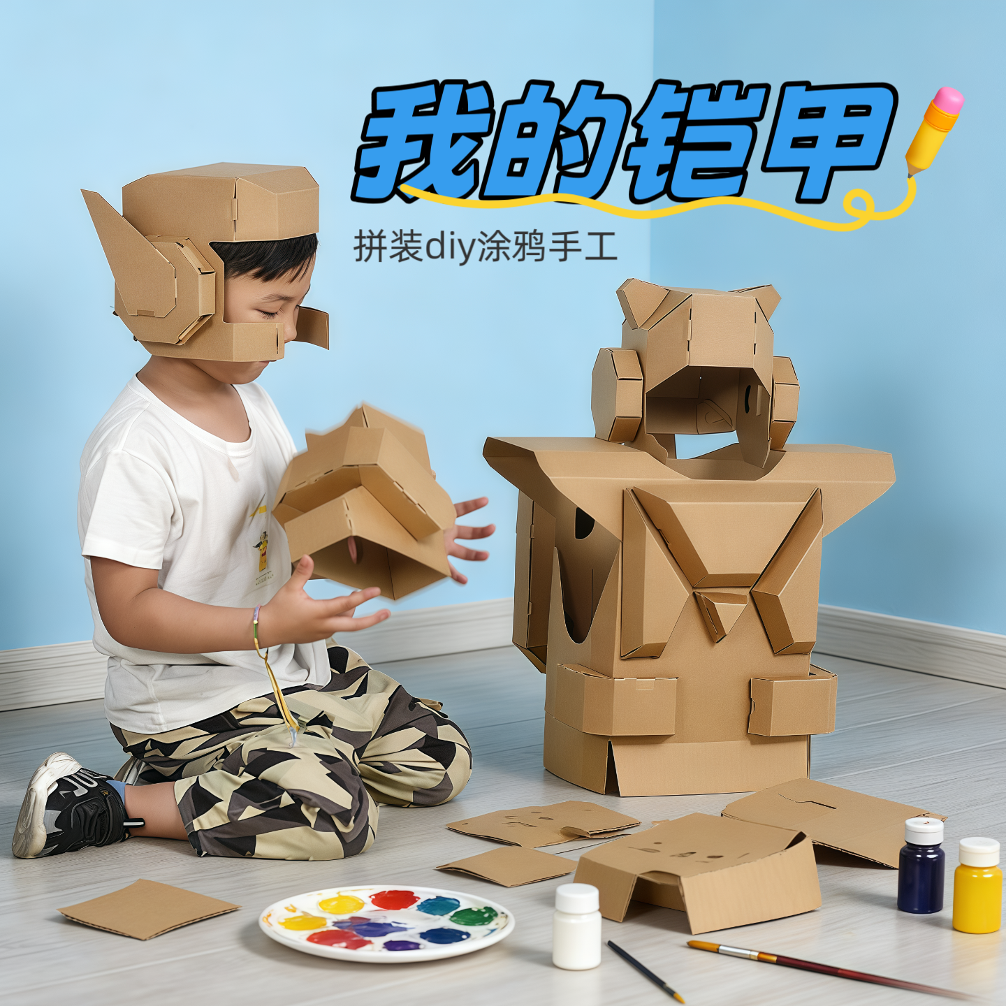 儿童可穿戴铠甲机甲纸板盔甲幼儿园科技主题活动道具涂鸦机器人