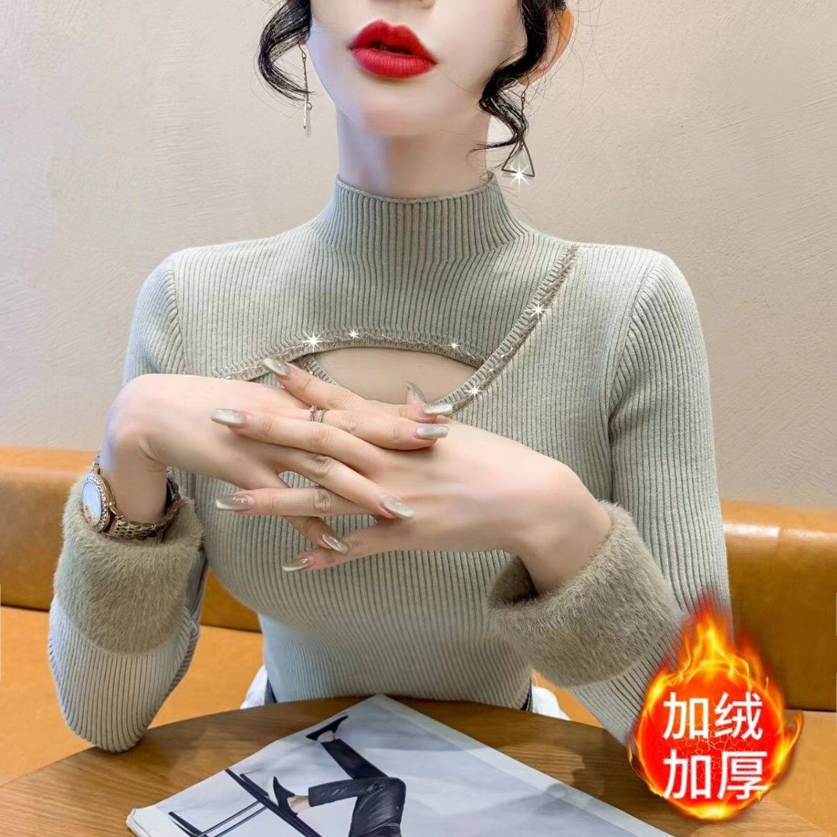 加绒加厚毛衣针织衫半高