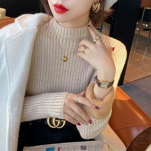 秋冬白色加厚半高领针织衫女冬季保暖一体绒内搭打底毛衣加绒上衣