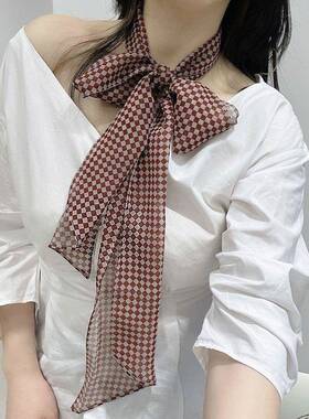 红色方格乔其莎丝巾新款开春女士百搭风时尚外搭围巾头巾飘带女