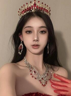礼服配饰三件套法式宫廷复古红色皇冠水钻项链女轻奢高级耳a00081