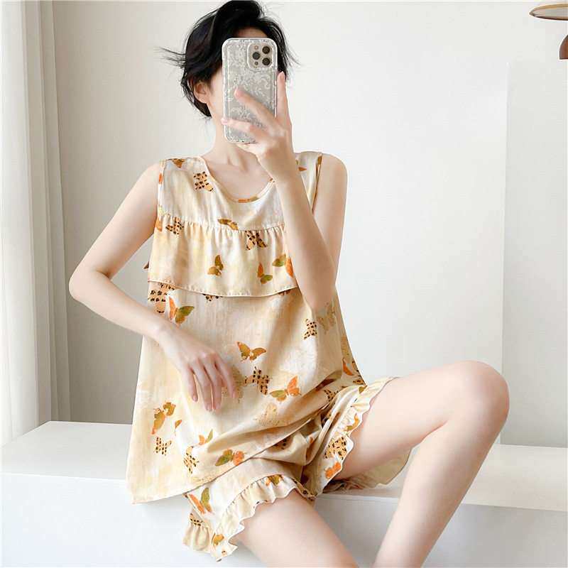 睡衣女春夏季绵绸清凉感人造棉防凸点居服可外穿新中式套装印花款