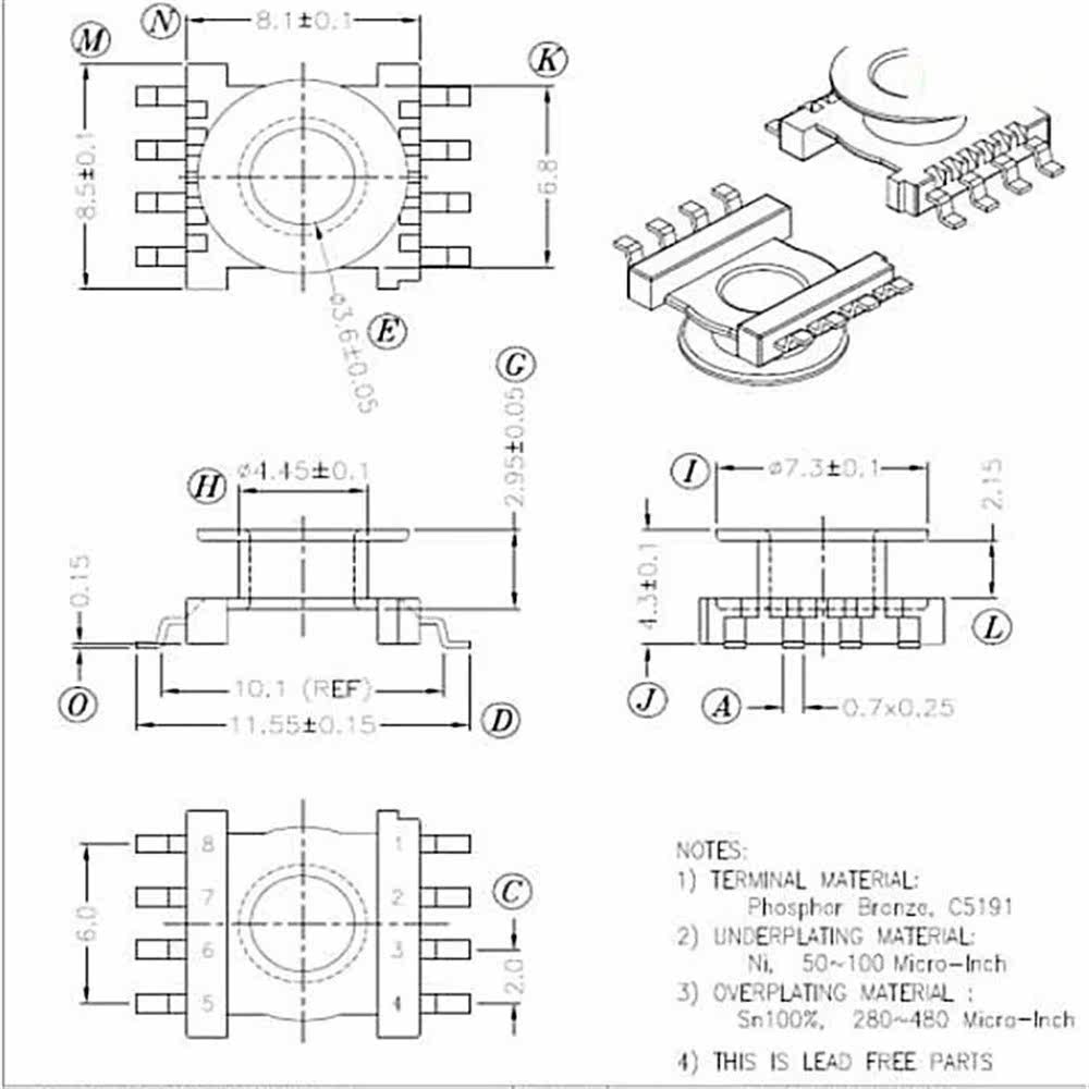 er9.5变压器磁芯骨架贴片4+4