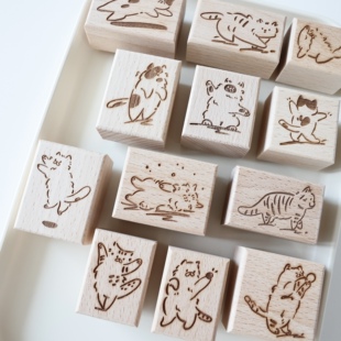 两只浣熊｜叁蒽《快乐暴躁小猫》手帐印章猫咪树脂榉木图章日常