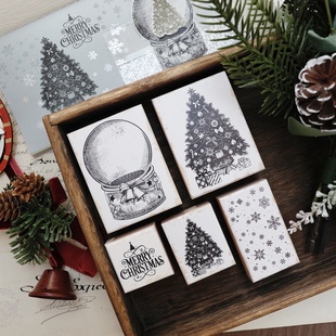 两只浣熊|moonlight《繁枝暖冬》树雪花水晶球实木手账印章图章