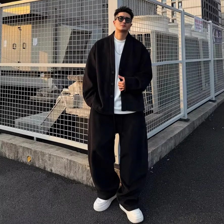秋冬简约高级感加厚毛呢开衫外套长裤两件套男百搭宽松休闲套装