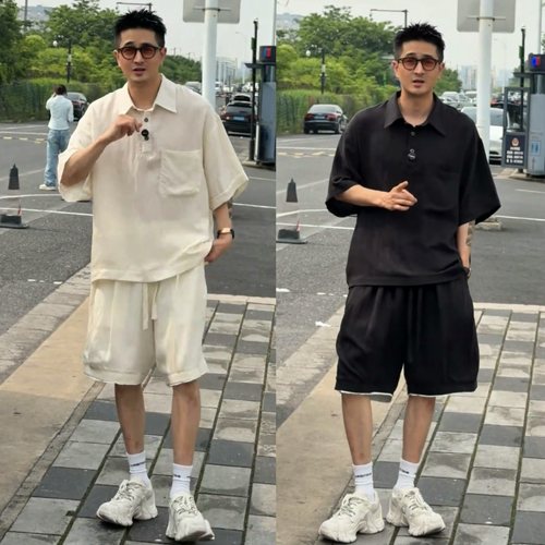 夏季男士老钱风透气短袖短裤套装