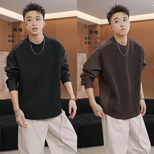 秋季新款毛织拼接圆领休闲卫衣男