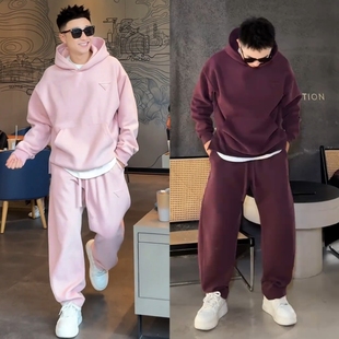 春秋磨毛加厚运动休闲套装男时尚潮牌三角标卫衣弯刀拖地裤两件套