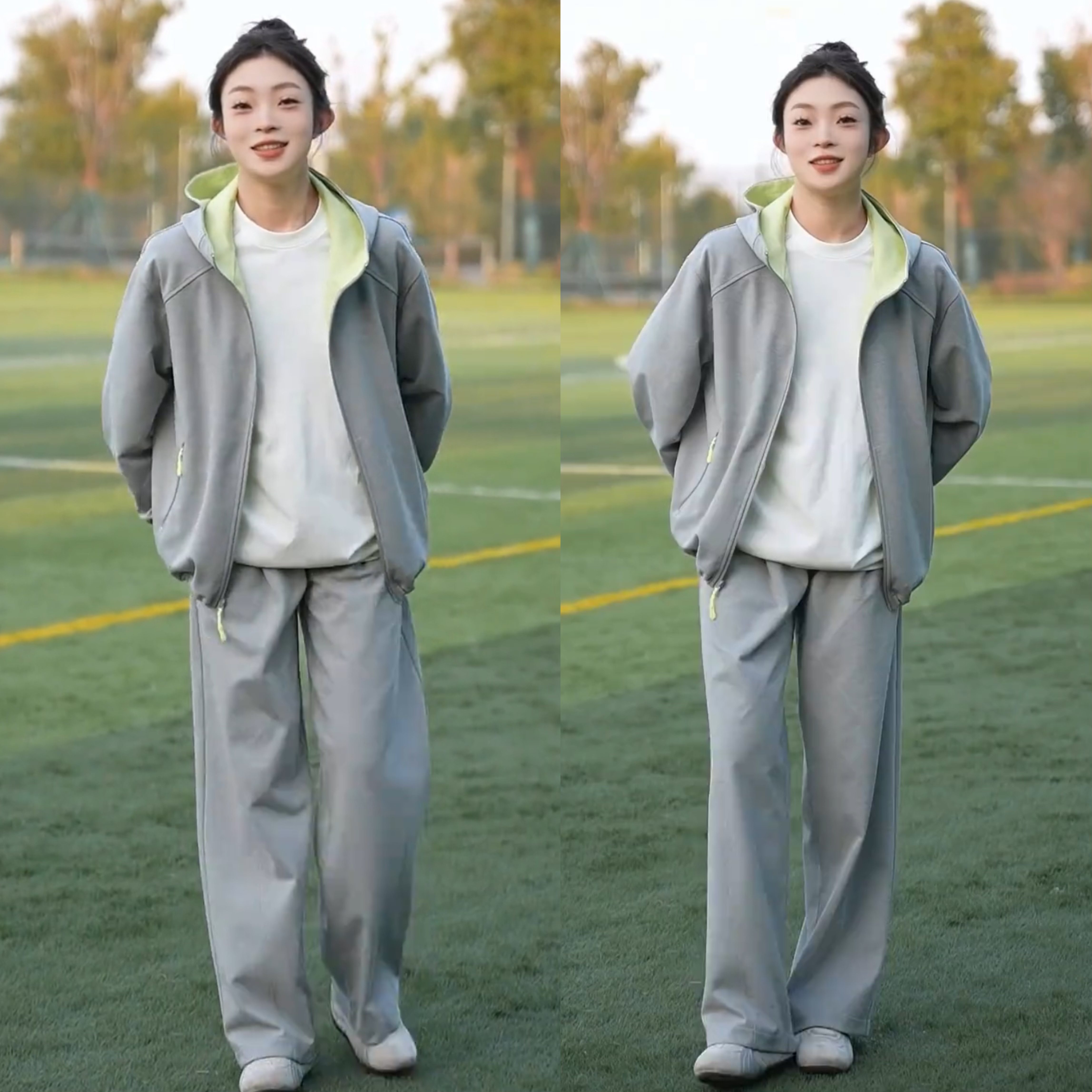 慵懒风连帽卫衣外套男早春浅麻灰撞色设计感宽松显瘦休闲运动套装