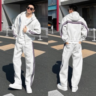 秋冬重磅潮牌三条杠运动休闲套装男阔版连帽拉链外套卫衣卫裤套装