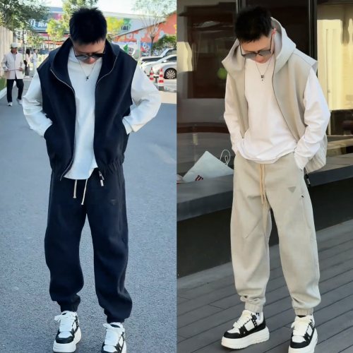 秋季新款潮牌马甲长裤休闲套装男