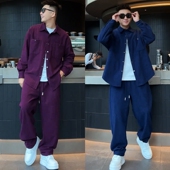 坑条纹休闲套装 男时尚 痞帅翻领衬衫 春秋新款 外套直筒休闲裤 两件套