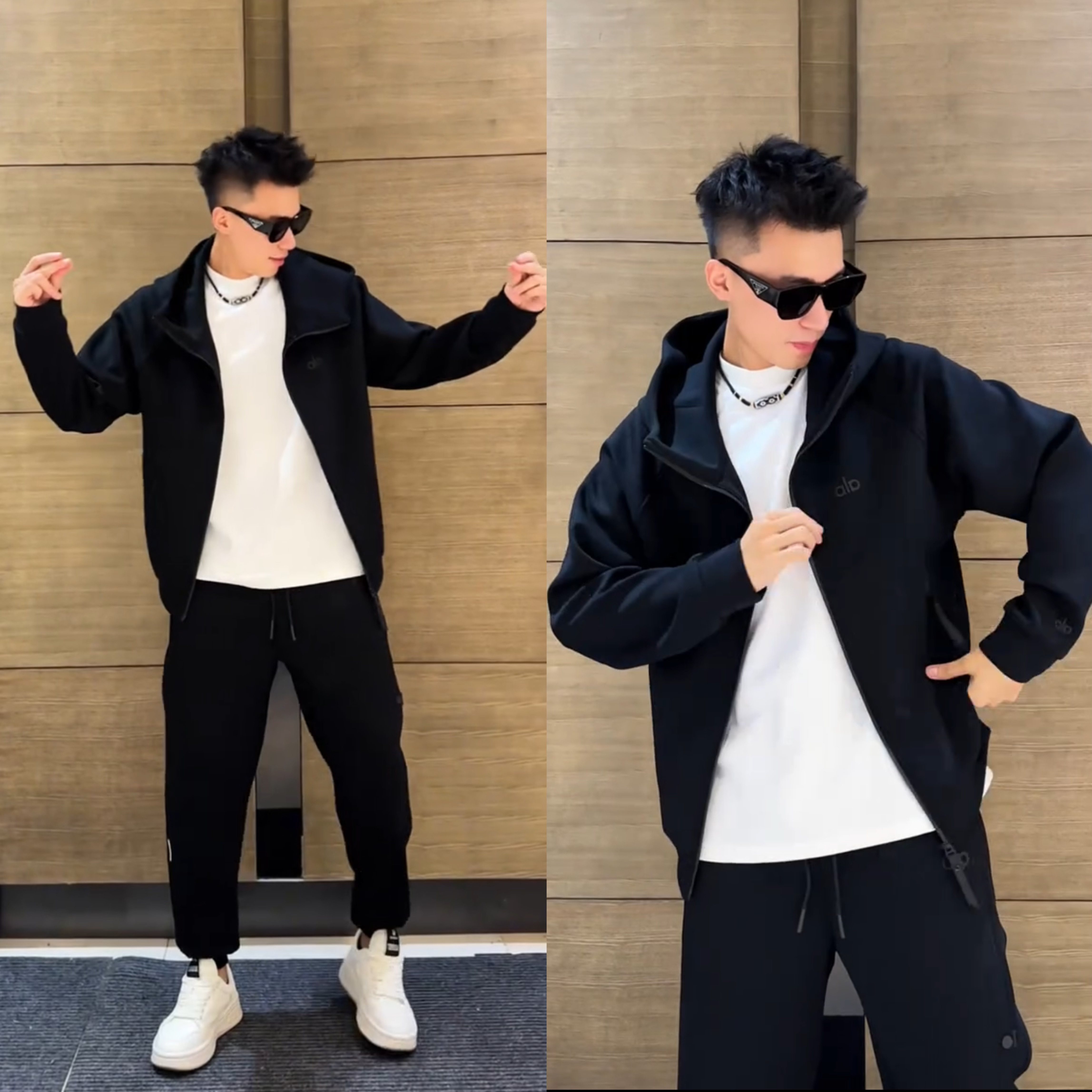 秋季新款空气层时尚运动休闲套装男士潮流净版连帽外套长裤两件套