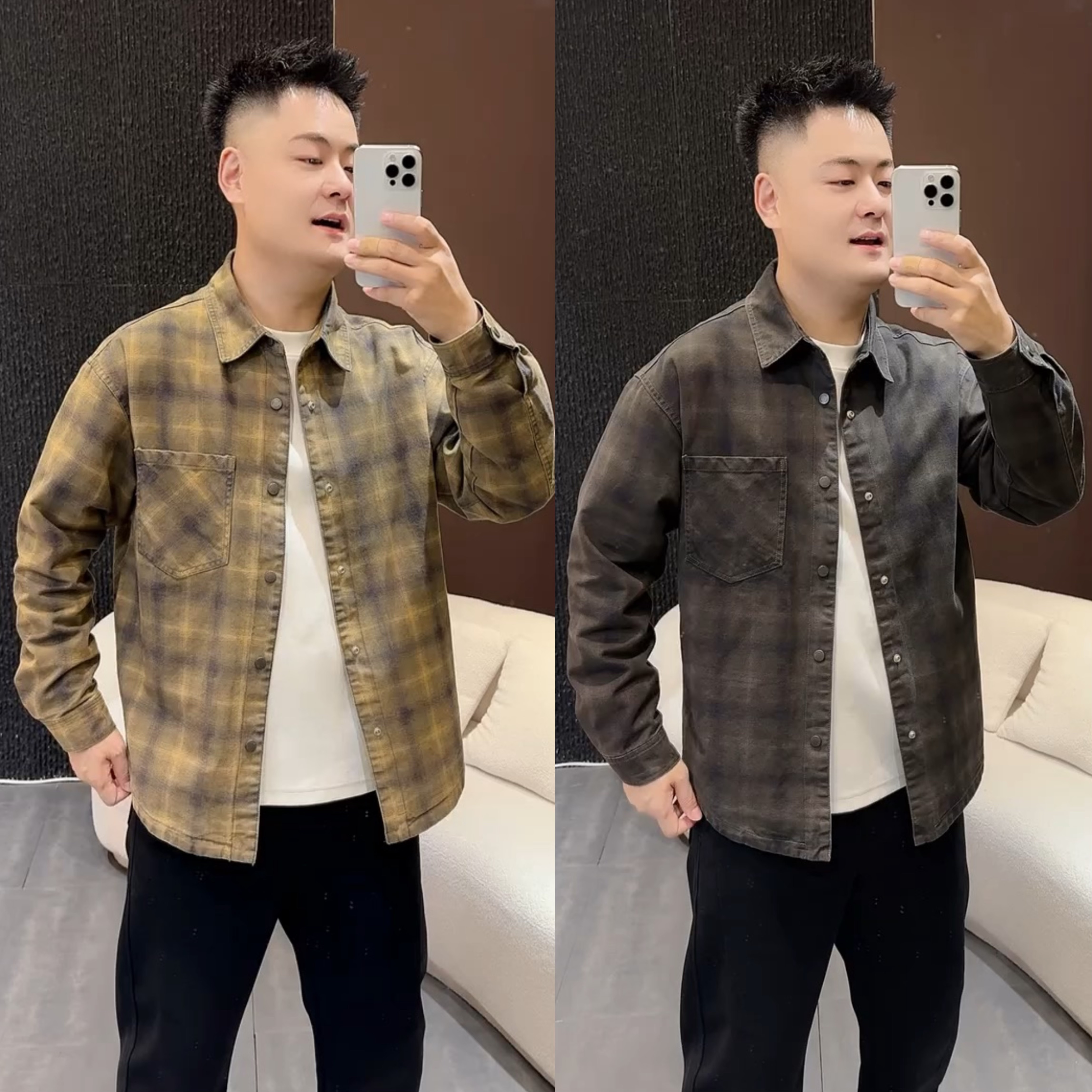 秋季新款牛仔格子衬衫翻领外套男百搭宽松工装休闲衬衣翻领夹克男
