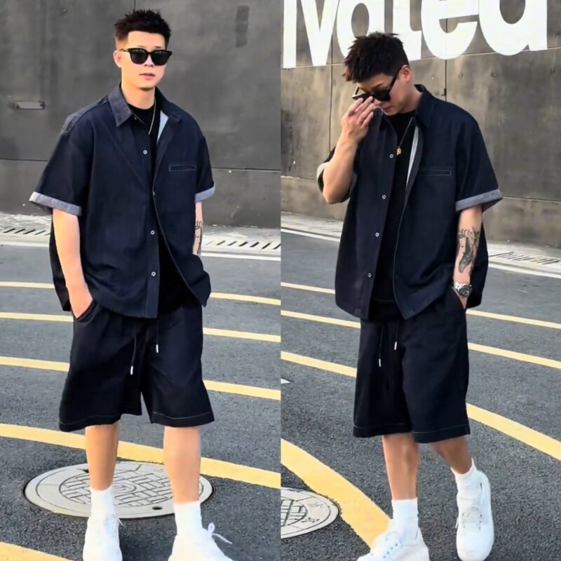 夏季潮牌休闲套装男水洗牛仔短袖衬衣百搭短裤简约宽松休闲两件套