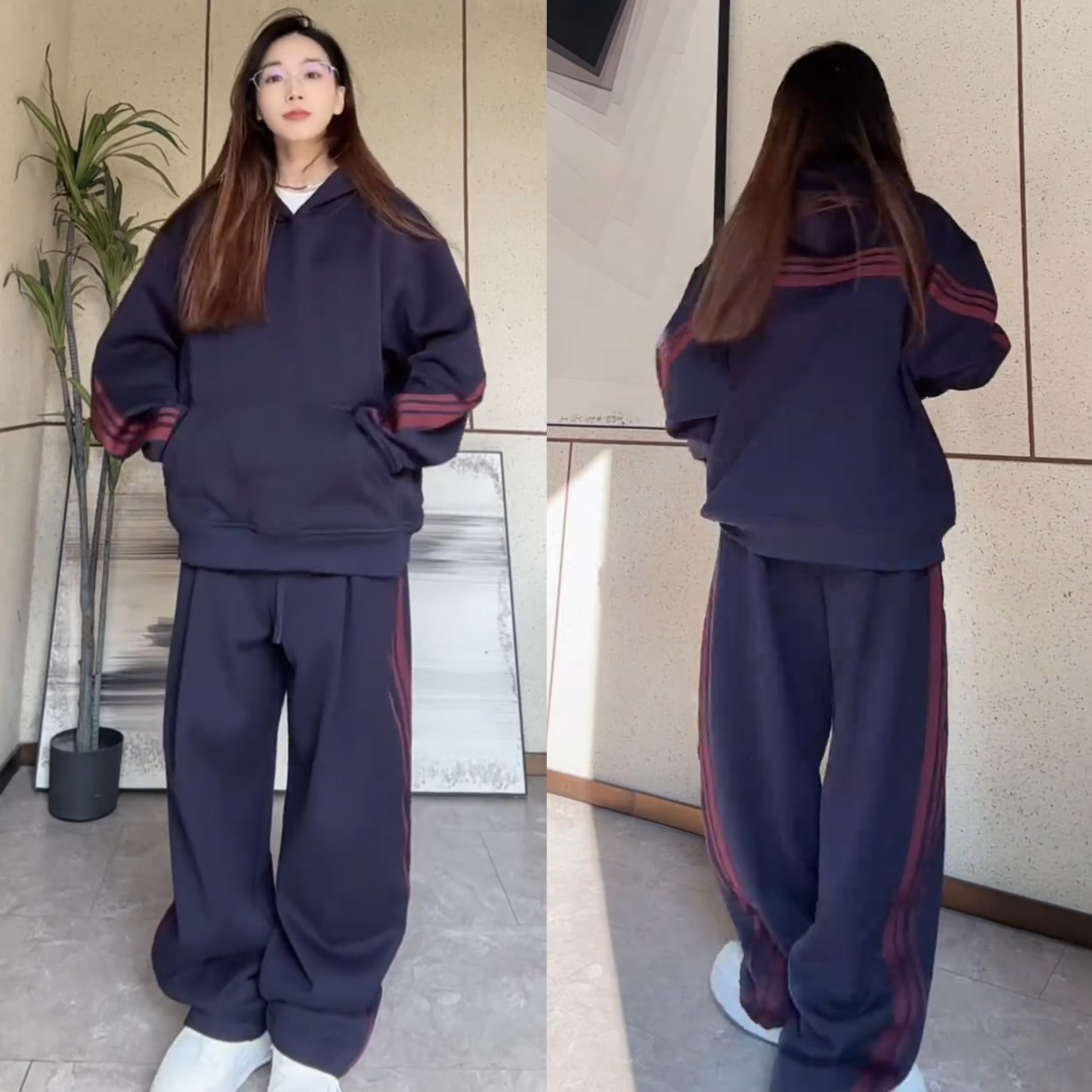 冬季新款加厚连帽卫衣长裤两件套男时尚宽松撞色条纹运动休闲套装,男装,休闲运动套装,淘宝优惠券,粉丝福利购,淘宝优惠卷