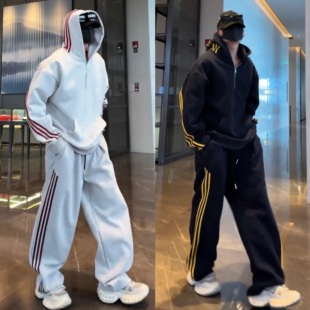秋季经典三条杠运动休闲套装男宽松半拉链连帽卫衣阔腿长裤两件套
