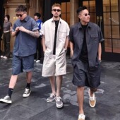 潮牌薄款 2025夏季 两件套 男日系衬衫 短裤 复古蜡染水洗翻领短袖 套装