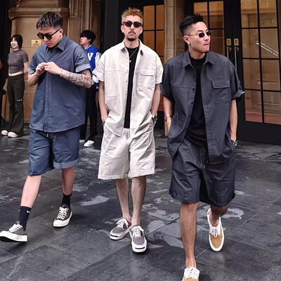 夏季复古水洗翻领短袖短裤套装