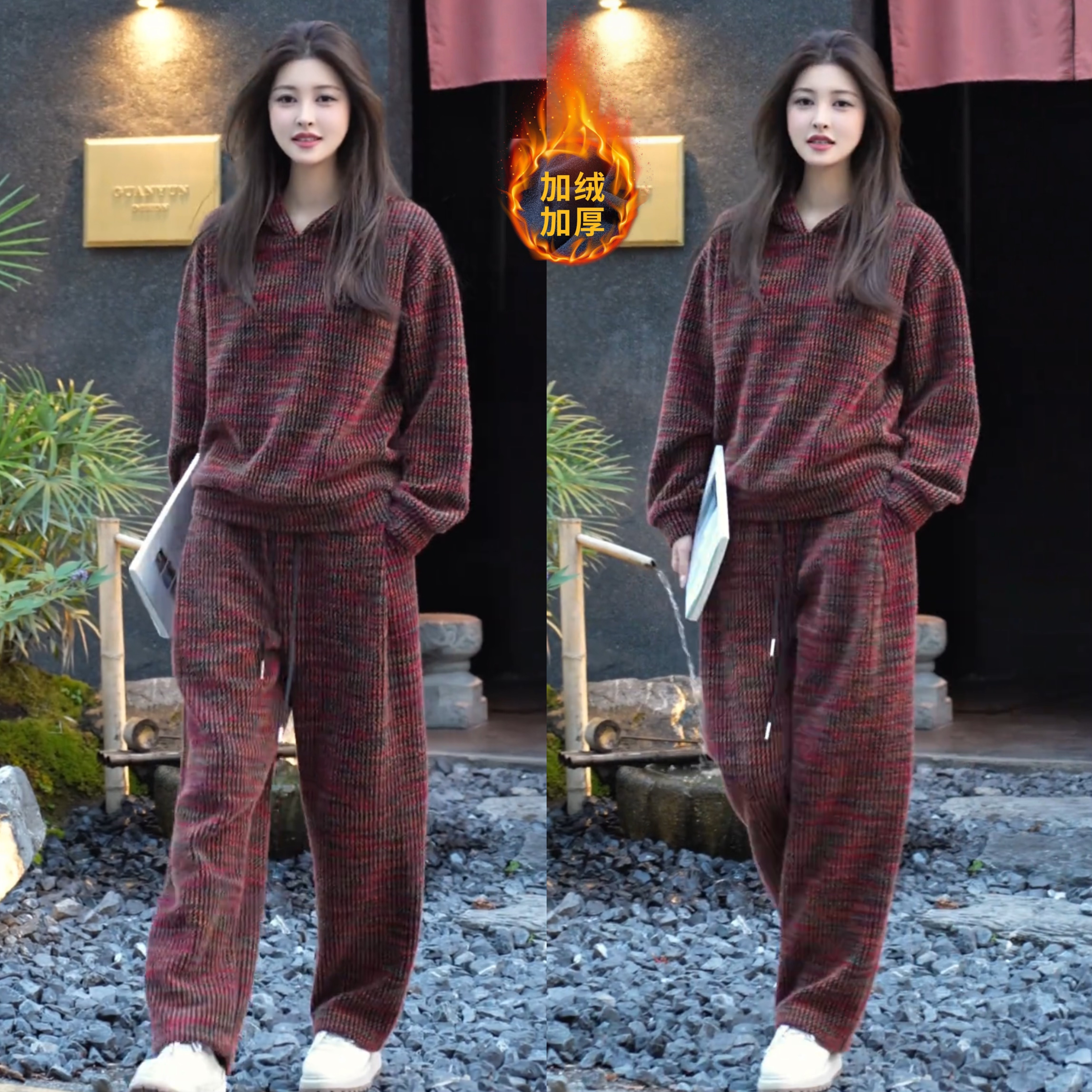 2025冬季潮牌加绒加厚连帽彩色休闲套装男时尚百搭卫衣长裤两件套