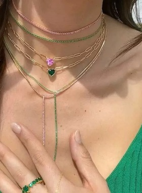 轻奢祖母绿爱心吊坠项链女长款Y字百搭锁骨链高级感长款项链