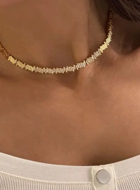 出口余INS高级感白金锁骨链简约小众设计碎银子不规则锆石项链