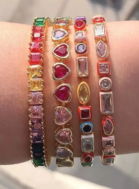 出口余彩色彩虹多巴胺滴油宝石手链女多款式爱心方形镶嵌手镯