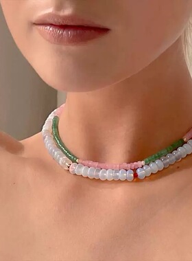 自留款复古少女绿松石月光石珍珠项链多层叠戴锁骨链串珠颈链