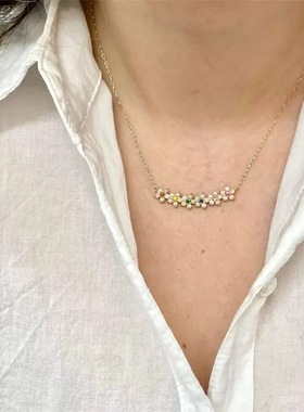 出口余INS小众彩色仿珍珠花朵镂空项链