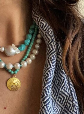 绿松石天然珍珠多层锁骨链女款