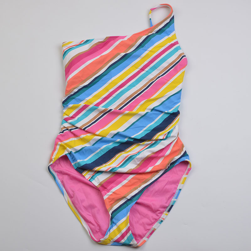 设计师品牌BLEU新款条纹单肩大码连体泳衣显瘦度假泳装女带胸垫
