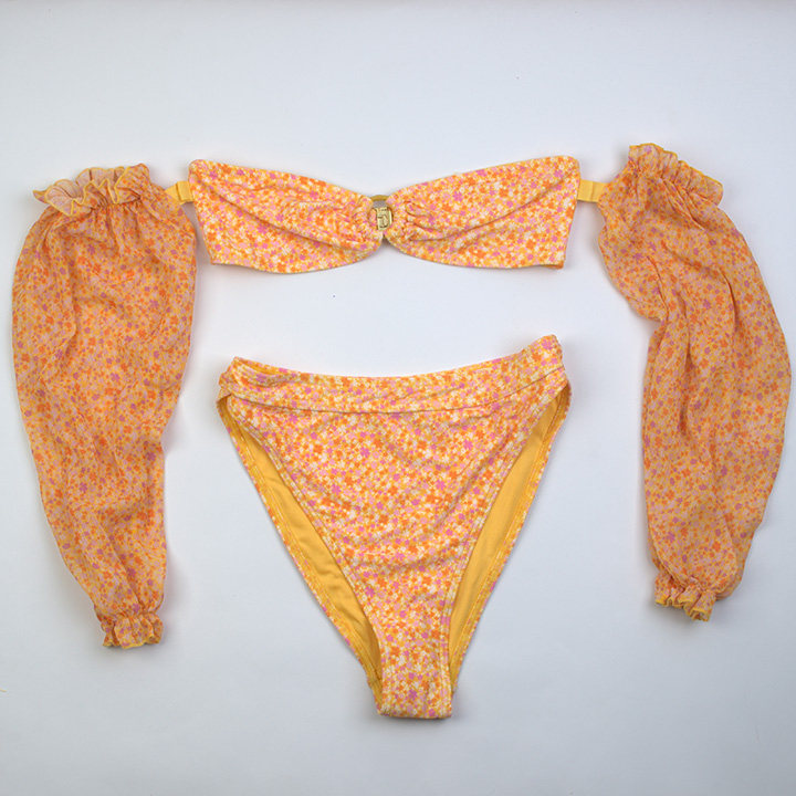 外贸抹胸高开叉性感时尚沙滩比基尼bikini可拆长袖子套装泳衣女