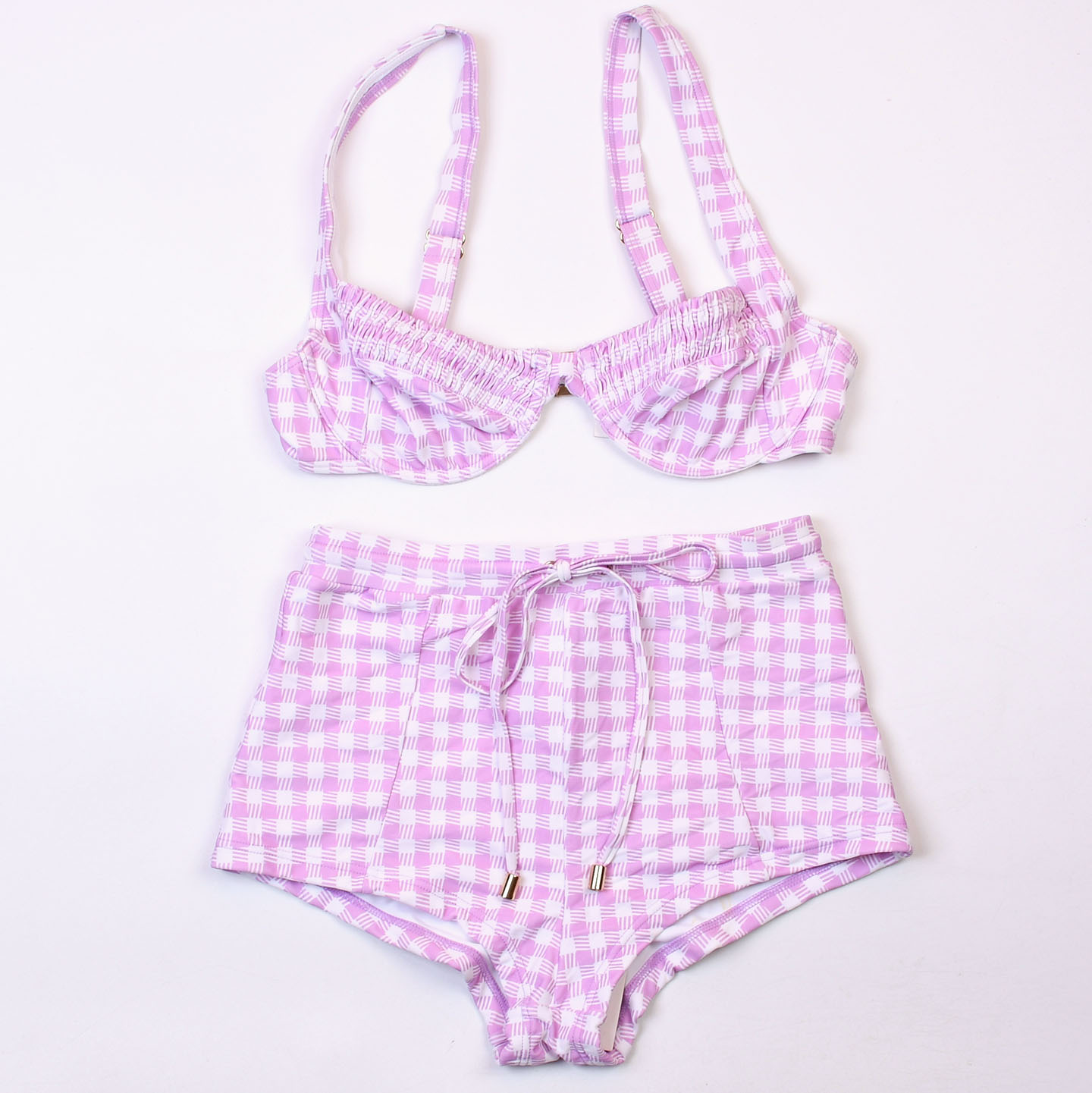 澳洲品牌MIN**格子钢圈高腰比基尼bikini海边度假分体泳衣