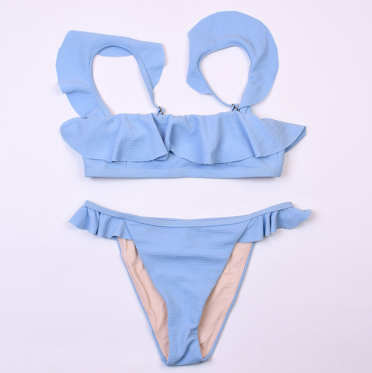 澳洲品牌MIN**纯色泡泡袖低腰比基尼bikini海边度假分体泳衣