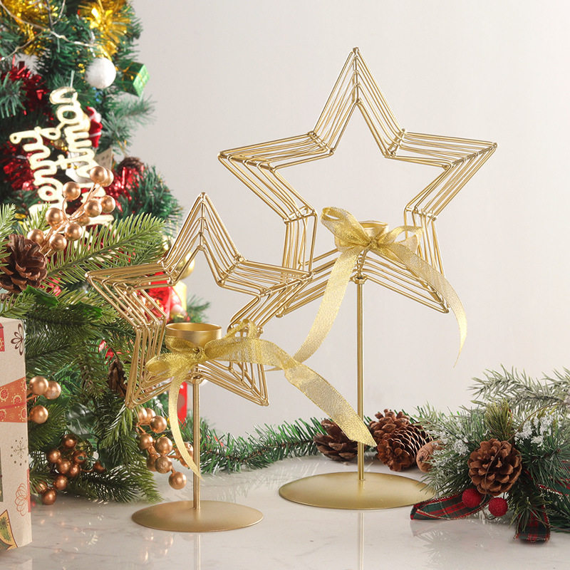 Xmas金色蜡烛台铁艺五芒星烛台装饰礼物创意餐桌摆件圣诞烛台