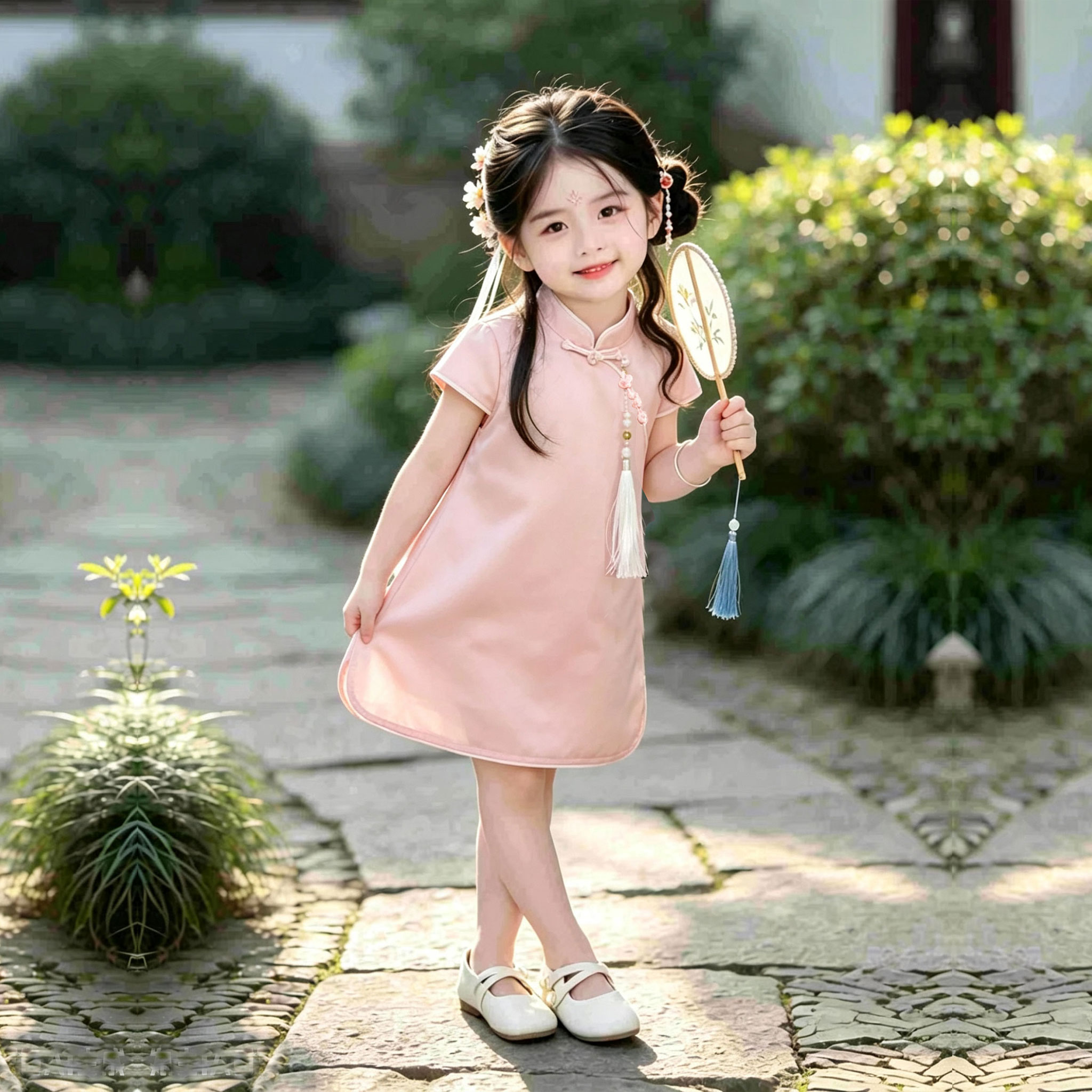 女童新中式改良旗袍夏季粉色盘扣