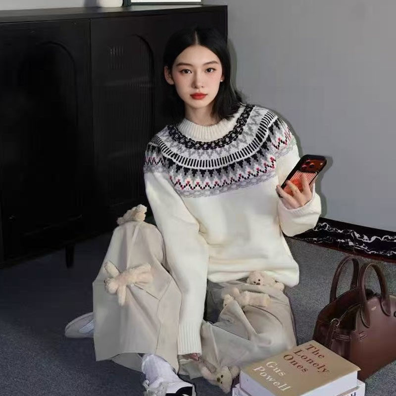 费尔岛提花毛衣宽松套头慵懒风圆领针织衫男女可穿情侣款2025秋冬