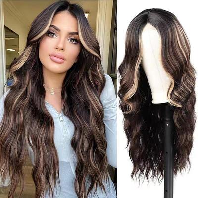 Women Middle Part Highlight Brown Front Lace Wig挑染棕假发