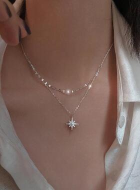 New sterling Silver Star Moon Double Necklace Women Clavicl