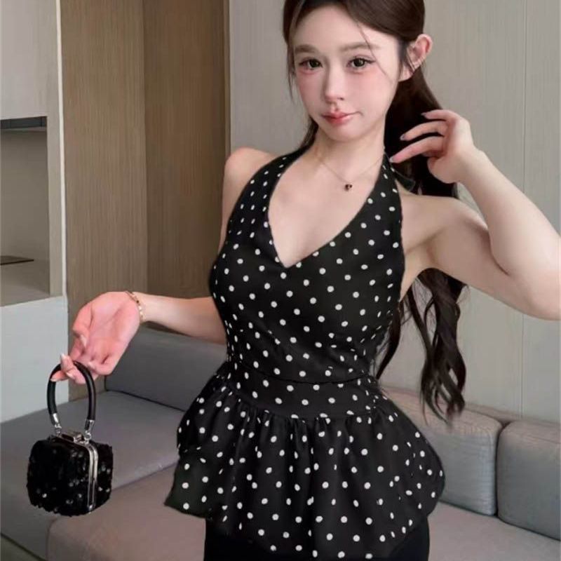 荷叶边挂脖波点吊带背心女外穿夏花苞蓬蓬抹胸v领小上衣泰式绝美