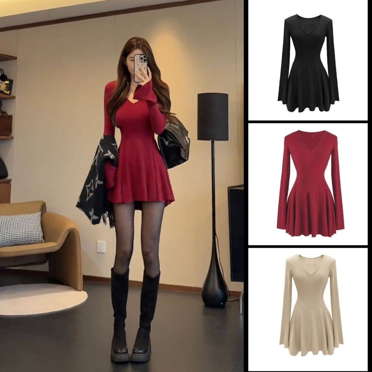 纯欲御姐范气质针织磨毛连衣裙女秋冬新款修身显瘦内搭打底a字裙