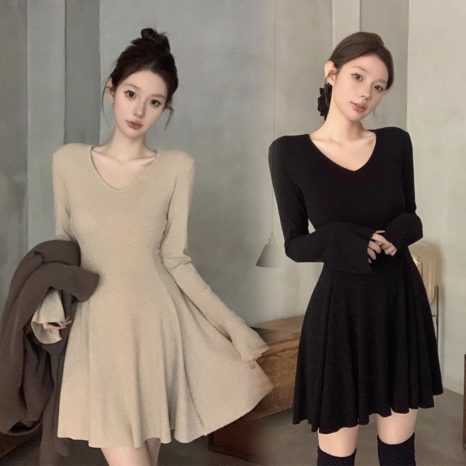 慵懒风气质长袖针织磨毛连衣裙女秋冬新款纯欲风收腰显瘦内搭短裙