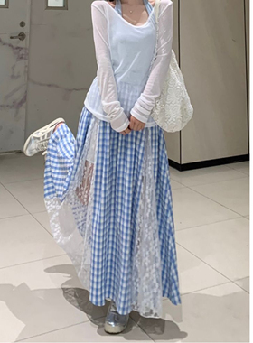 新中式蕾丝花边拼接格纹半身裙大码多巴胺设计感显瘦蓝色A字长裙
